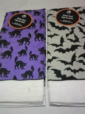 LOT 2 NEW HALLOWEEN KITCHEN TOWELS BATS & CATS DESIGN 100% COTTON GREENBRIER INT
